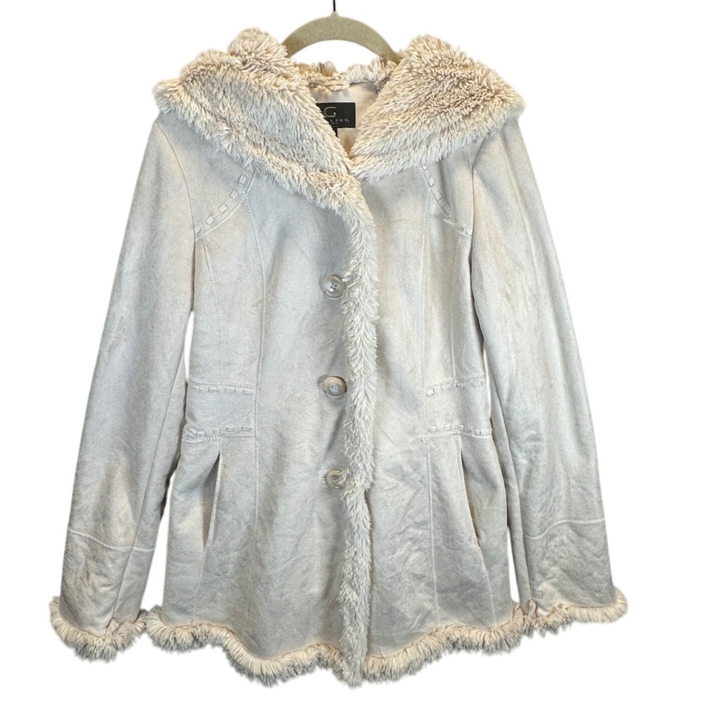 Gallery New York Faux Suede Fur Trim Hooded Jacket Cream Small Penny Lane Coat